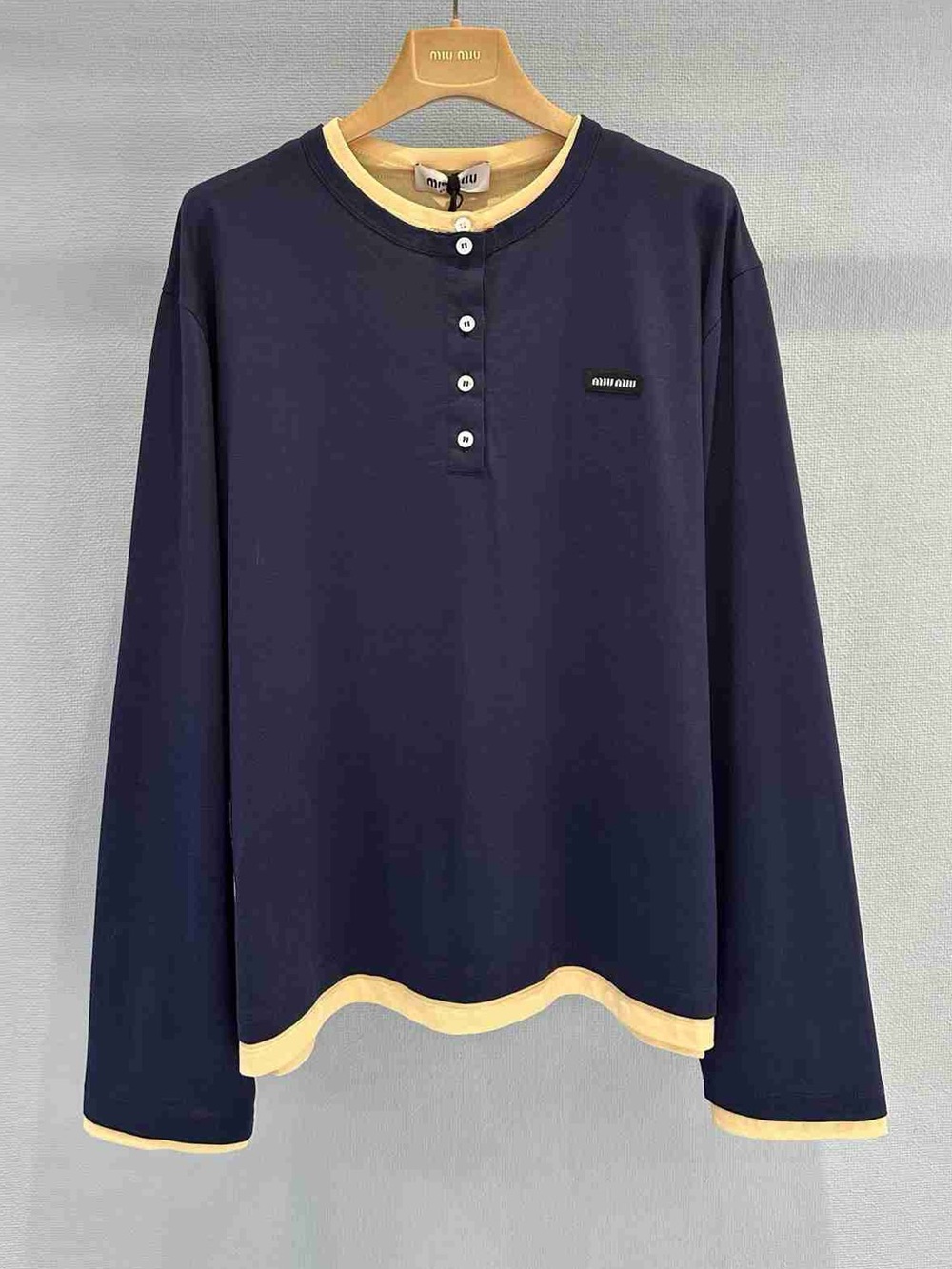 Miu Miu Navy Long-Sleeve Henley with Cream Trim